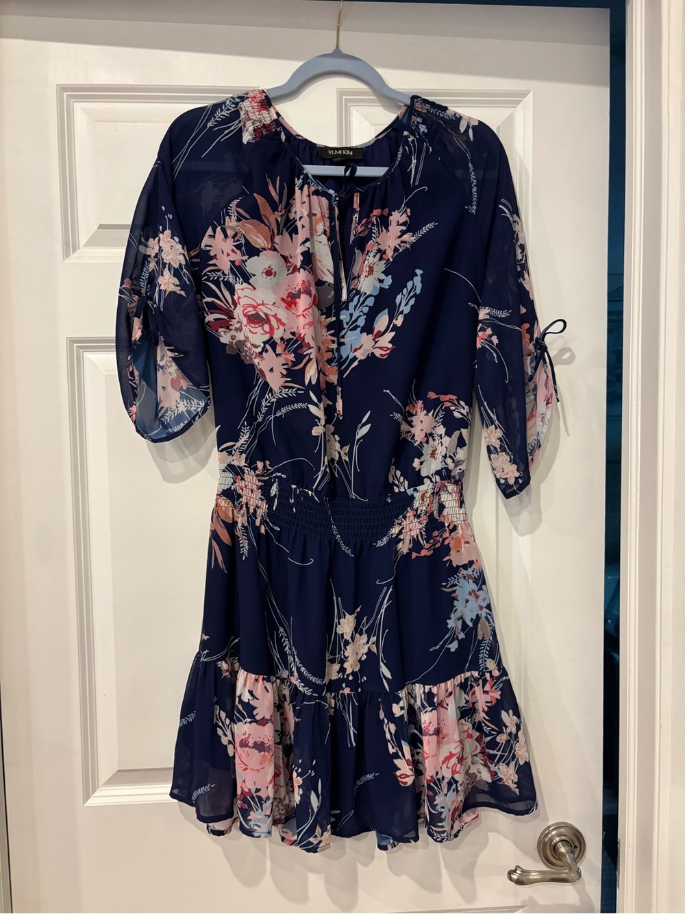 Yumi Kim Navy Floral Tie-Sleeve Tiered Mini Dress